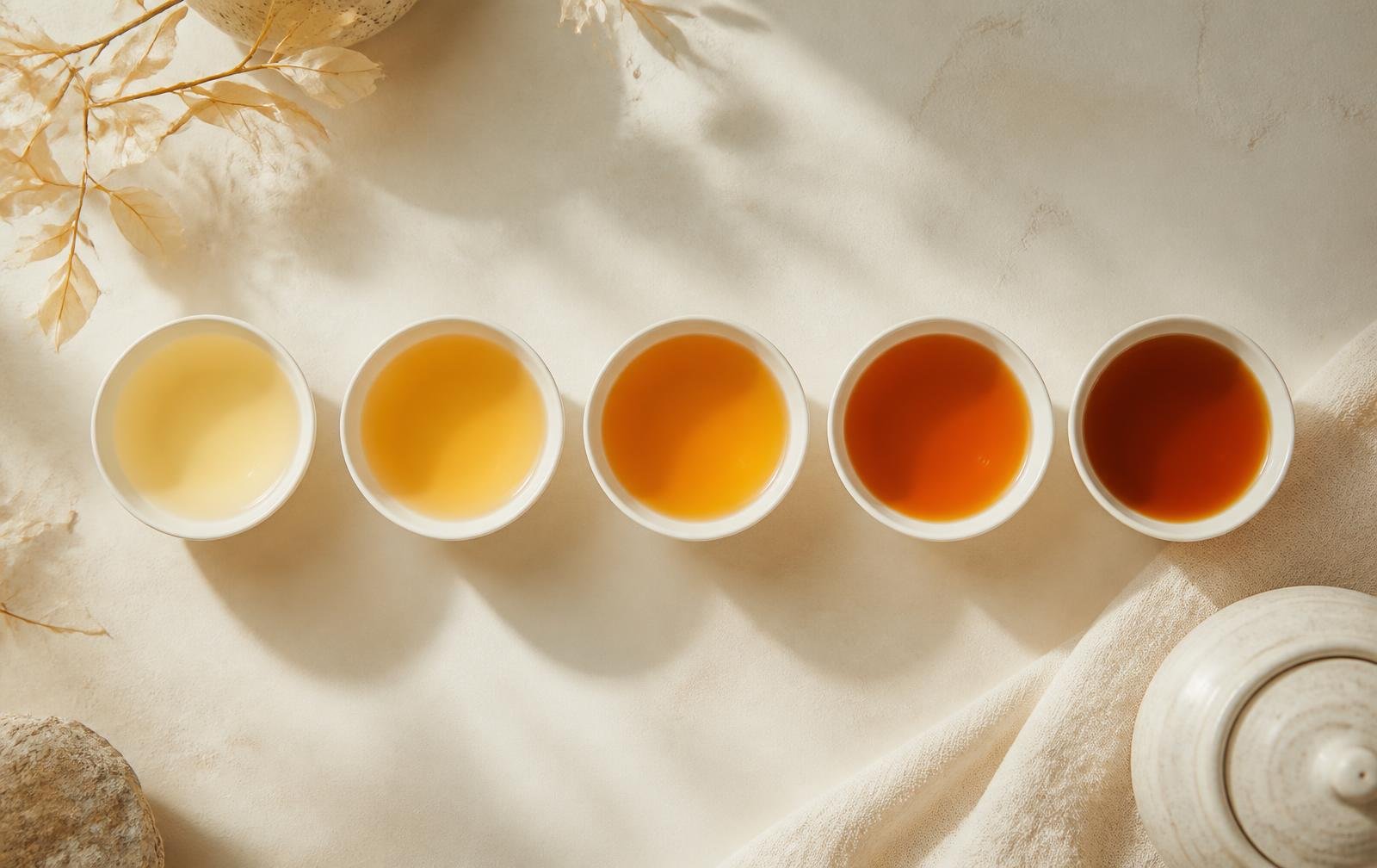Cinco tazas con infusiones de té chino de distintos colores